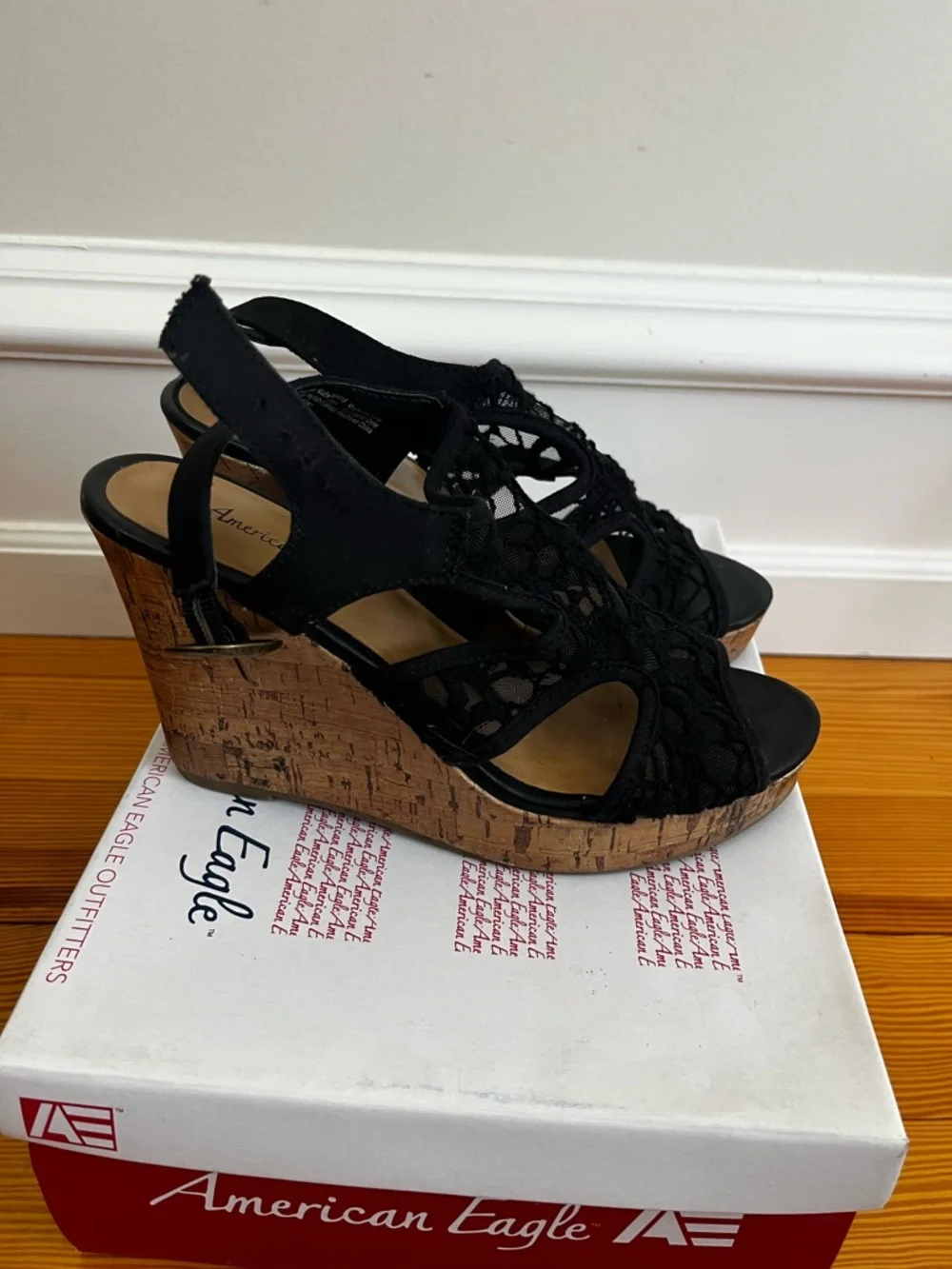 American Eagle Outfitters Black Lace Cork Wedge Sandals - Picture 1 of 7